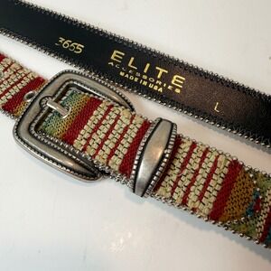 Vtg 90s ELITE Western Boho Woven Belt Women L Silver Buckle Festival Indie Retro